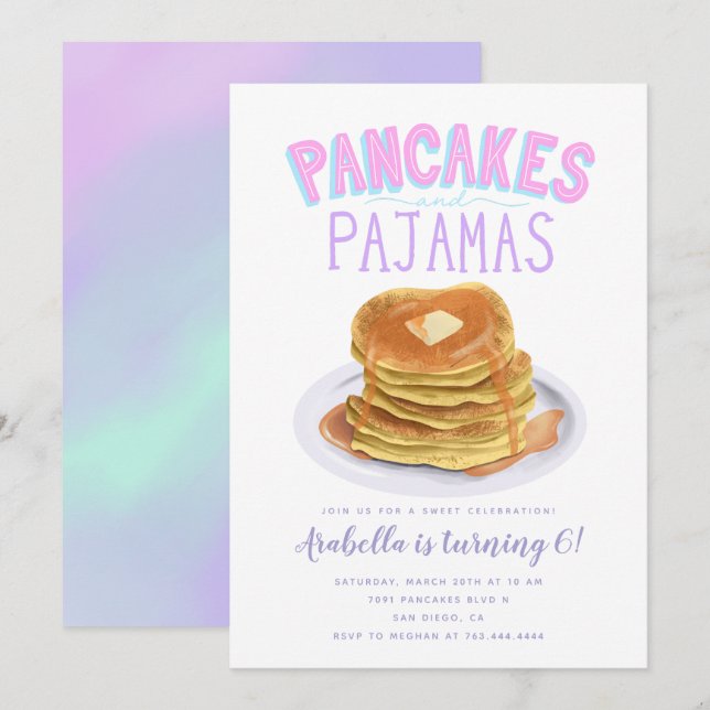 Pancakes och Pajamas Girl Födelsedagsfest Inbjudningar (Fram/baksida)