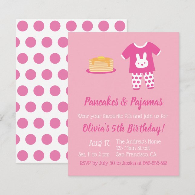 Pancakes och Pajamas Polka dots Födelsedagsfest Inbjudningar (Fram/baksida)