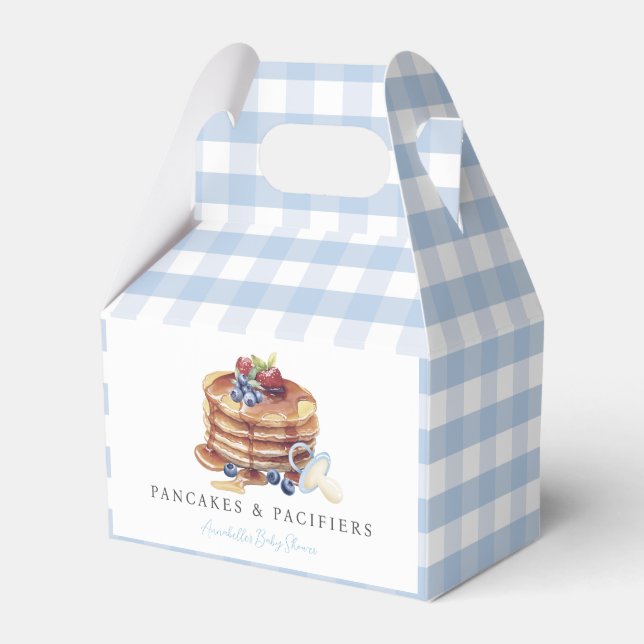 Pancakes & Pacifiers Blue Gingham Boy Baby Shower Presentaskar (Framsidan Sidan)