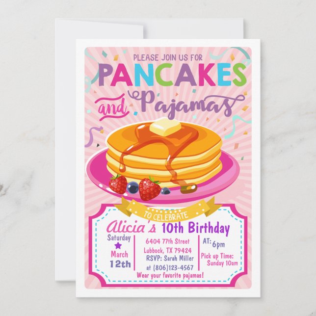Pancakes Pajamas Birthday inbjudan Girl party (Framsida)