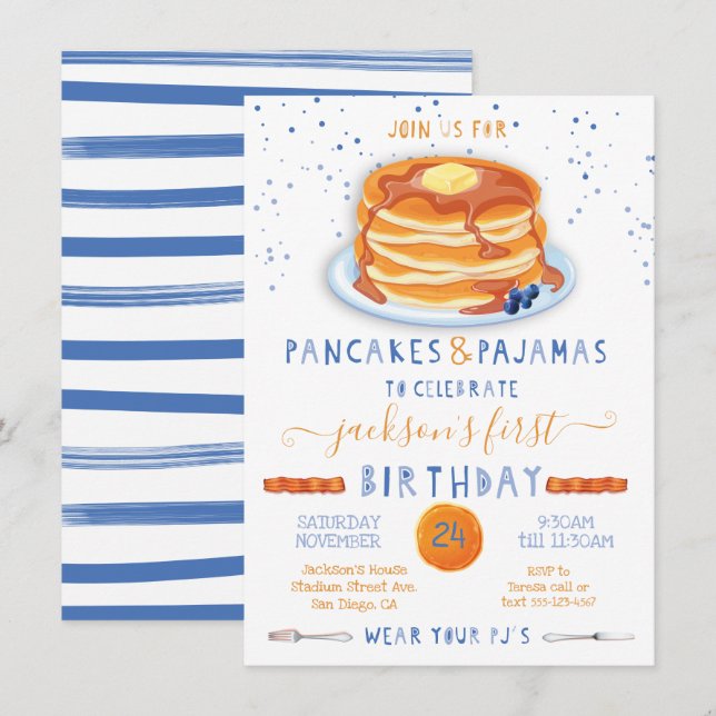 Pancakes & Pajamas Födelsedagsfest Inbjudningar (Fram/baksida)