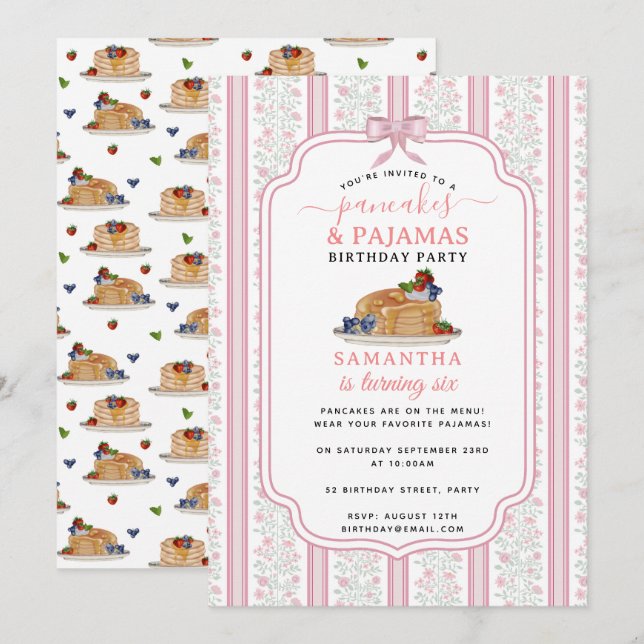 Pancakes Pajamas PJ's Girl Kids Birthday Party Inbjudningar (Fram/baksida)