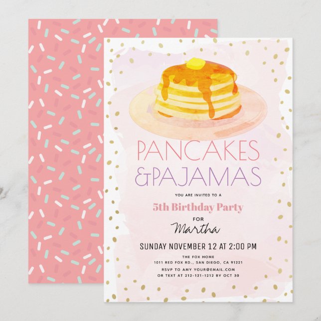 Pancakes & Pajamas Rosa Guld Girl Birthday Inbjudningar (Fram/baksida)