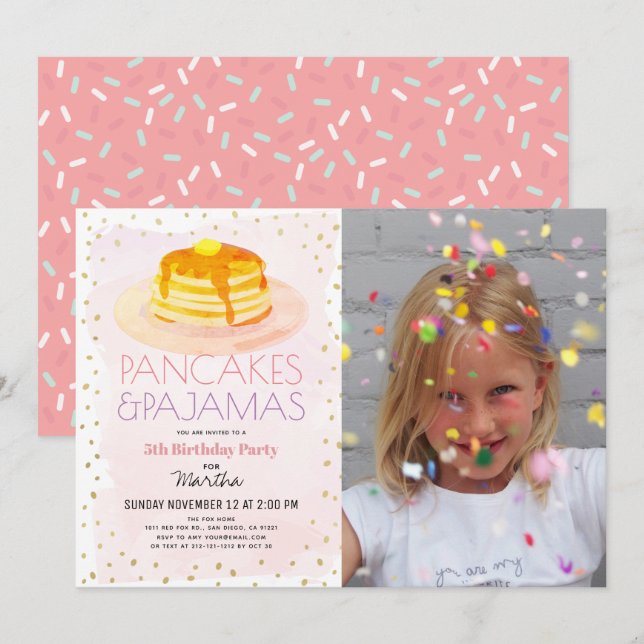 Pancakes & Pajamas Rosa Guld Girl Girl Birthday Inbjudningar (Fram/baksida)