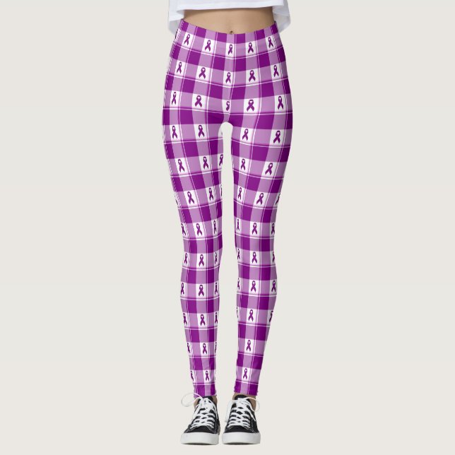 Pancreatic Cancer Awareness Plaid Purple Ribbon Leggings (Framsida)