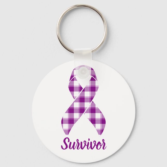 Pancreatic Cancer Survivor Plaid Purple Ribbon Nyckelring (Framsida)
