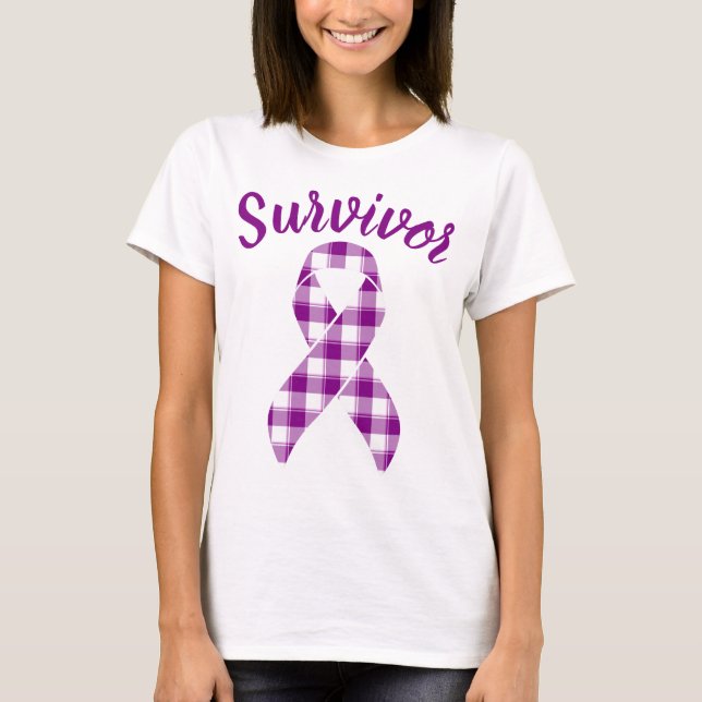Pancreatic Cancer Survivor Plaid Purple Ribbon T Shirt (Framsida)
