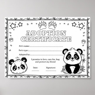 Panda adoptera ett husdjur färgläggning certifikat poster