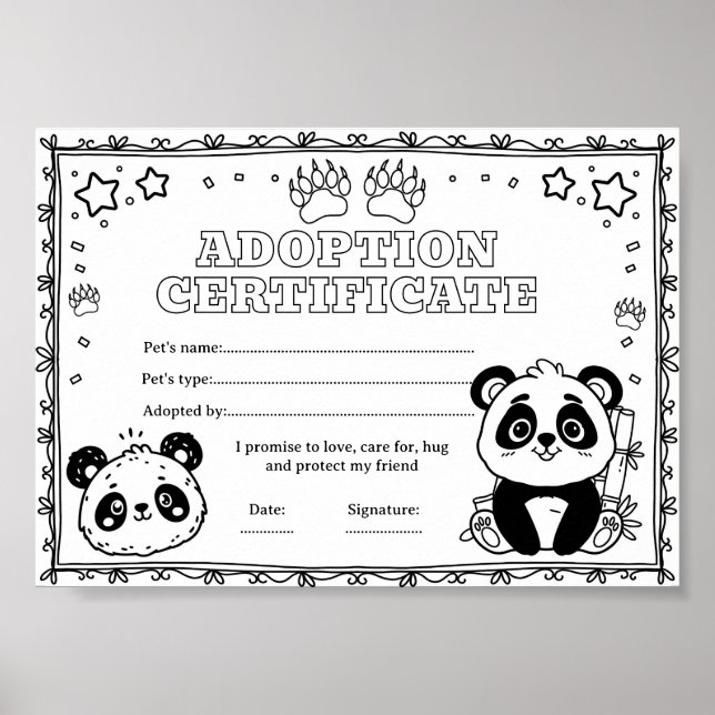 Panda adoptera ett husdjur färgläggning certifikat poster (Framsidan)