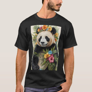Panda Animal Art med den tropiska Blommigten Krona T Shirt
