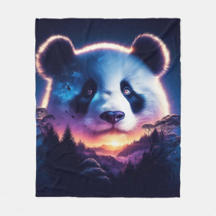 Panda Ansikte med Surreal Forest och Sunset Fleecefilt