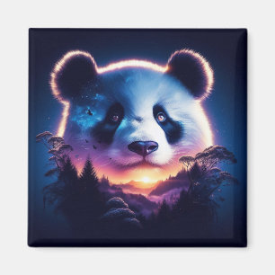 Panda Ansikte med Surreal Forest och Sunset Magnet