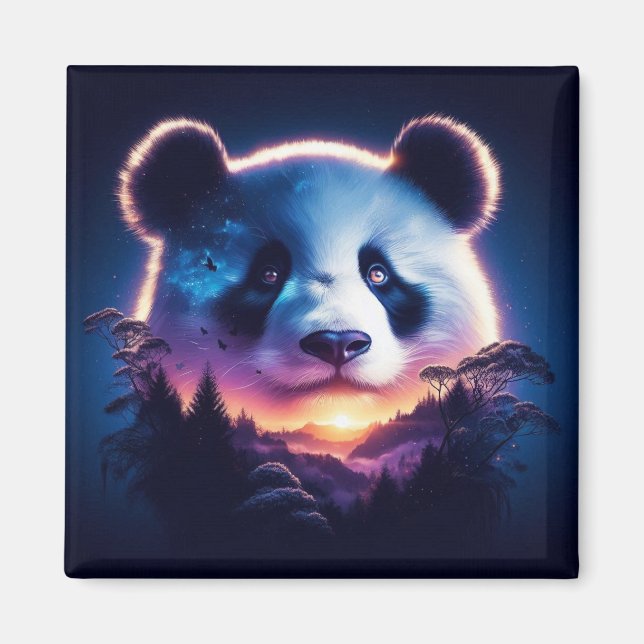 Panda Ansikte med Surreal Forest och Sunset Magnet (Framsidan)