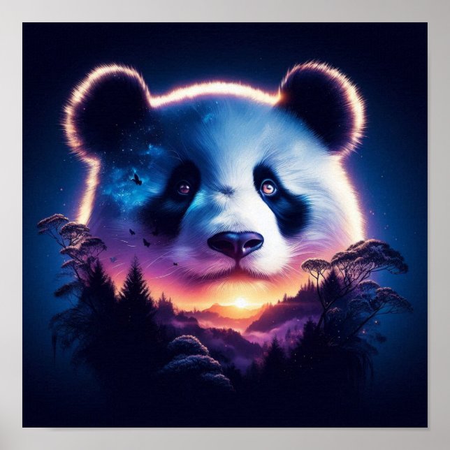 Panda Ansikte med Surreal Forest och Sunset Poster (Framsidan)