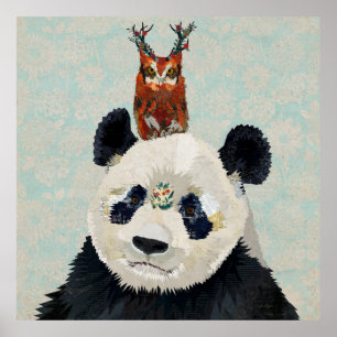 PANDA & ANTLER BLOMMIGT UGGLA POSTER