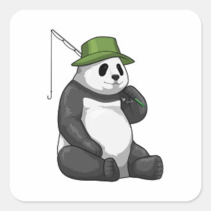 Panda at Fishing with Fishing Rod Fyrkantigt Klistermärke