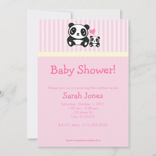 Panda Baby Shower - Rosa Inbjudningar (Framsida)