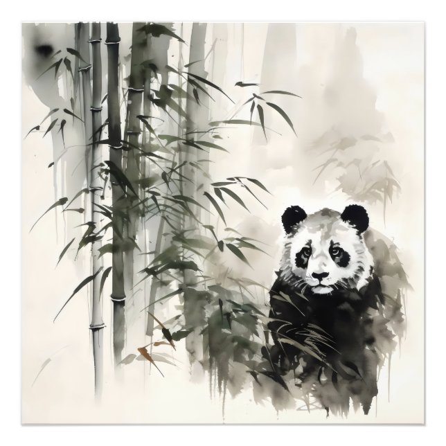 Panda Bamboo Bläck Painting Fototryck (Framsidan)