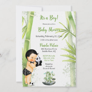 Panda Bambu Tema Baby Pojke Svart Vitt Grönt Inbjudningar