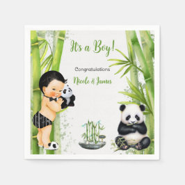 Panda Bambu Tema Baby Pojke Svart Vitt Grönt Pappersservett