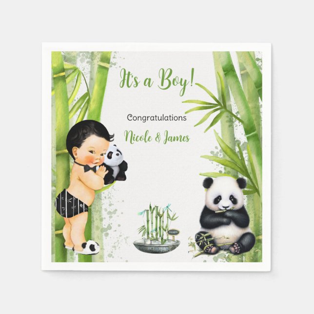 Panda Bambu Tema Baby Pojke Svart Vitt Grönt Pappersservett (Framsidan)