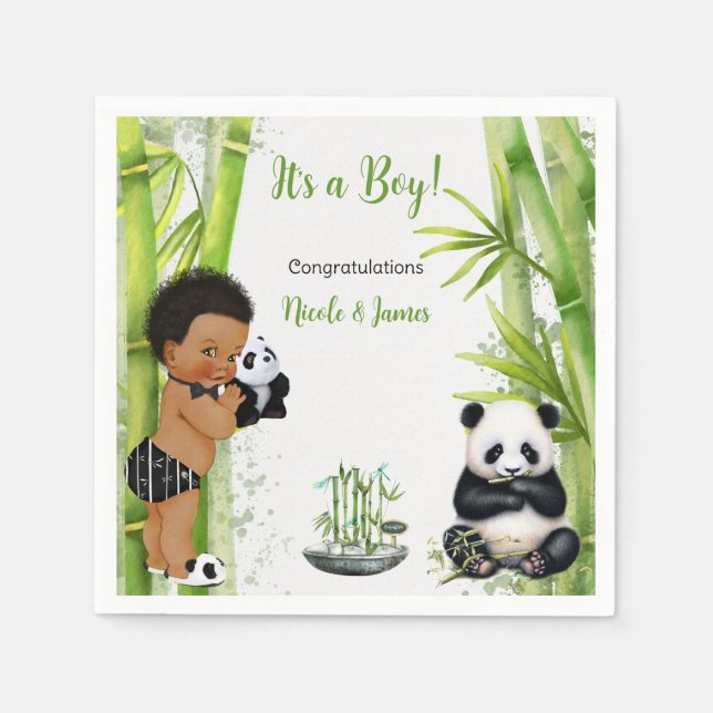Panda Bambu Tema Baby Pojke Svart Vitt Grönt Pappersservett (Framsidan)
