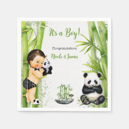 Panda Bambu Tema Baby Pojke Svart Vitt Grönt Pappersservett