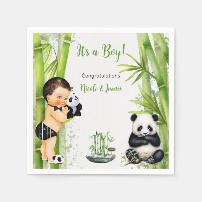 Panda Bambu Tema Baby Pojke Svart Vitt Grönt Pappersservett (Framsidan)
