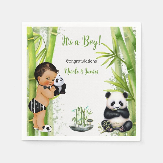 Panda Bambu Tema Baby Pojke Svart Vitt Grönt Pappersservett (Framsidan)