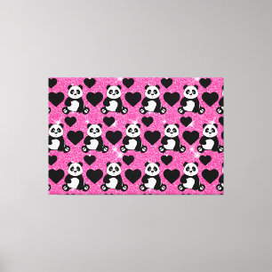 Panda Bear Animal Lover Black Hearts Rosa Glitter Canvastryck