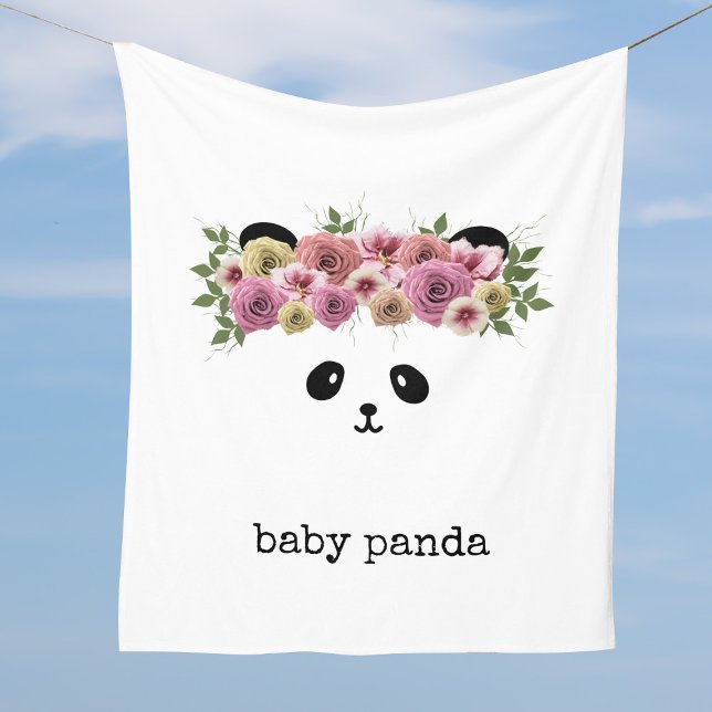 Panda Bear Ansikte White Personlig Fleece Blanket (A cute panda bear with flowers in her hair. Just add your name to this lovely fleece blanket)