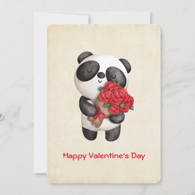 Panda Bear Carrying Bouquet of Ro Valentine's Julkort (Framsida)