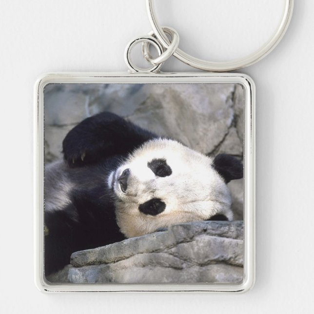 Panda Bear Fyrkantig Silverfärgad Nyckelring (Framsidan)