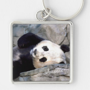 Panda Bear Fyrkantig Silverfärgad Nyckelring