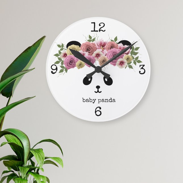 Panda Bear Girl Blommigt Krona Personlig Stor Klocka (Pretty Panda Wall Clock with space for your name)