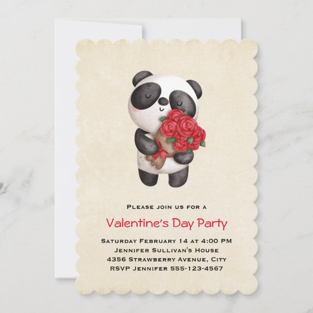 Panda Bear Holding Bouquet of Ro Valentine's Inbjudningar (Framsida)