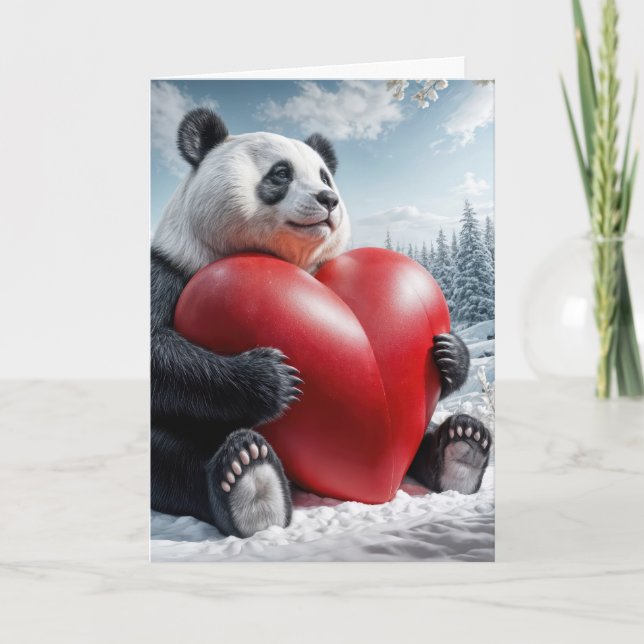 Panda Bear Hugger ett stort rött hjärta Helgkort (Framsida)