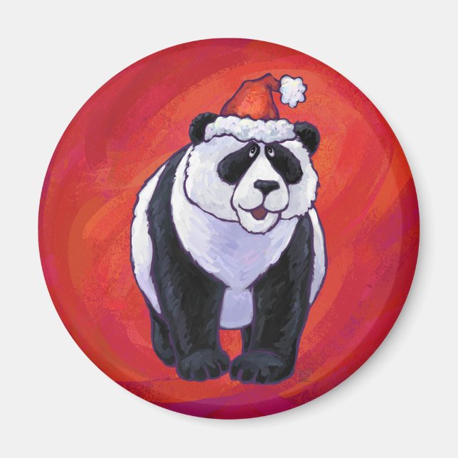 Panda Bear i Santa Hat On Red Magnet (Framsidan)