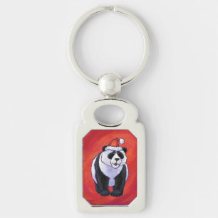 Panda Bear i Santa Hat On Red Rektangulärt Silverfärgad Nyckelring