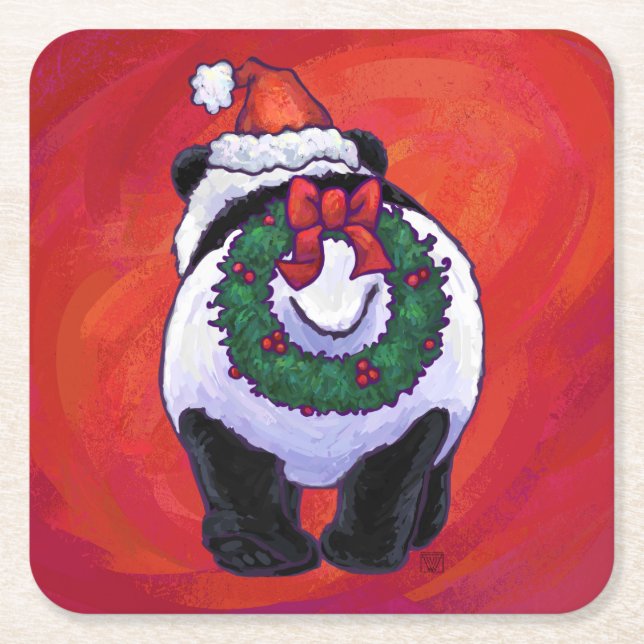 Panda Bear i Santa Hat On Red Underlägg Papper Kvadrat (Framsidan)
