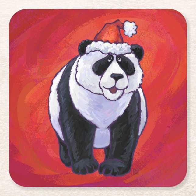 Panda Bear i Santa Hat On Red Underlägg Papper Kvadrat (Framsidan)