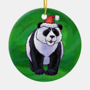 Panda Bear i Santa Hat på Grönt Julgransprydnad Keramik