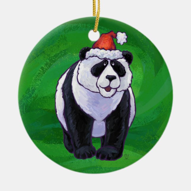 Panda Bear i Santa Hat på Grönt Julgransprydnad Keramik (Framsidan)