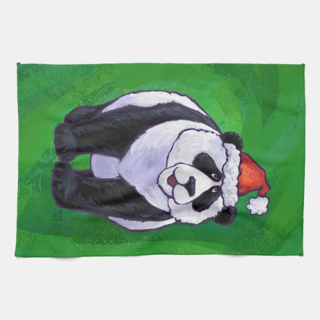 Panda Bear i Santa Hat på Grönt Kökshandduk (Horisontell)