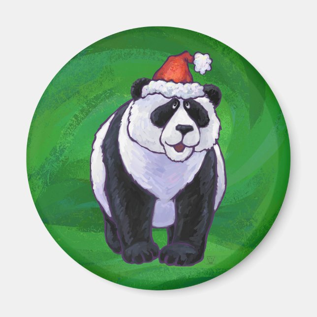 Panda Bear i Santa Hat på Grönt Magnet (Framsidan)