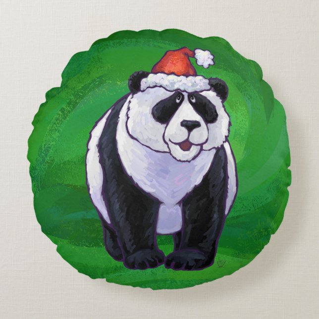 Panda Bear i Santa Hat på Grönt Rund Kudde (Framsidan)