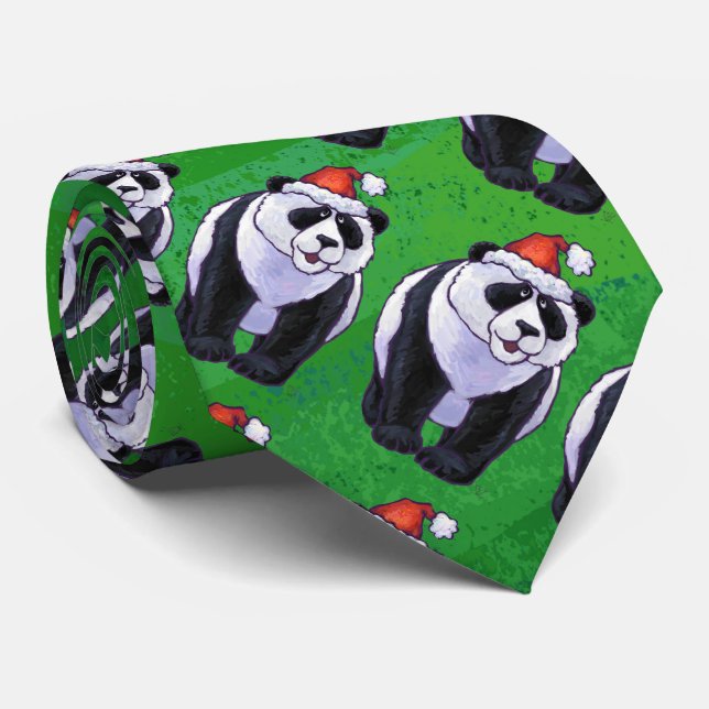 Panda Bear i Santa Hat på Grönt Slips (Rullad)