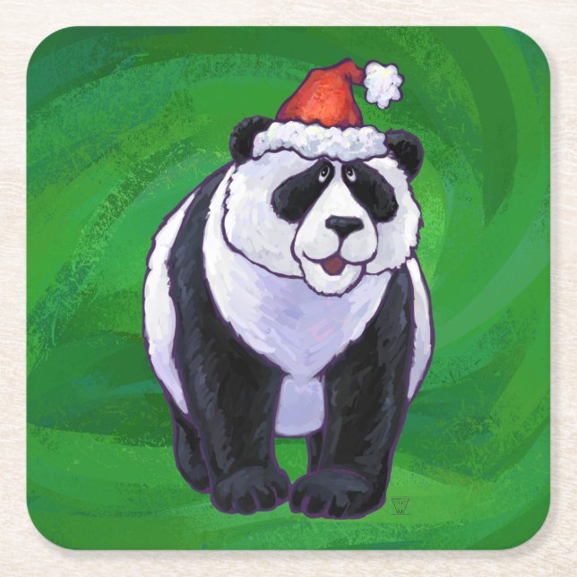 Panda Bear i Santa Hat på Grönt Underlägg Papper Kvadrat (Framsidan)