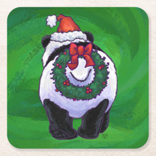 Panda Bear i Santa Hat på Grönt Underlägg Papper Kvadrat