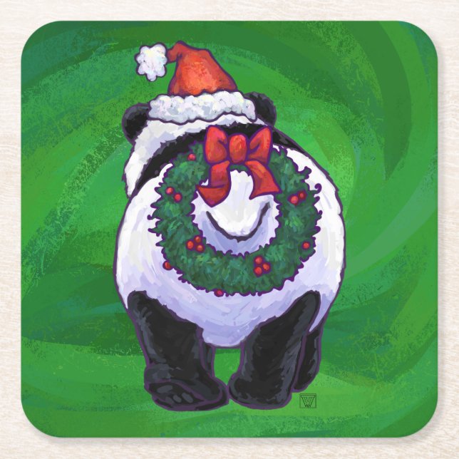 Panda Bear i Santa Hat på Grönt Underlägg Papper Kvadrat (Framsidan)
